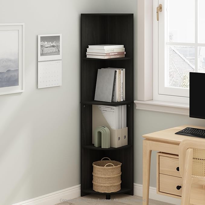 Furinno Basic Book Shelf, 4-Tier Bookshelf, Bookcase with Corner Shelf, 12 x 12 x 57.1, for Living Room, Bedroom, Home Office, Espresso