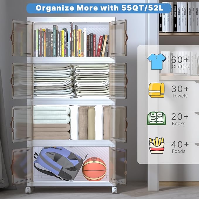 Stackable Storage Bins with Lids, Collapsible Storage Boxes, Foldable Plastic Storage Drawers for Bedroom,Office, Dorm (4, White, M)