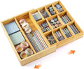 Bamboo Sliding Desk Drawer Organizer 8.6'' up to 17'' x 12'' x 2.2'' Expandable Office Desk Accessories Supplies Tray with 11 Compartments for Pens, Notebooks, Rulers, and Makeup Jewelry Vanity