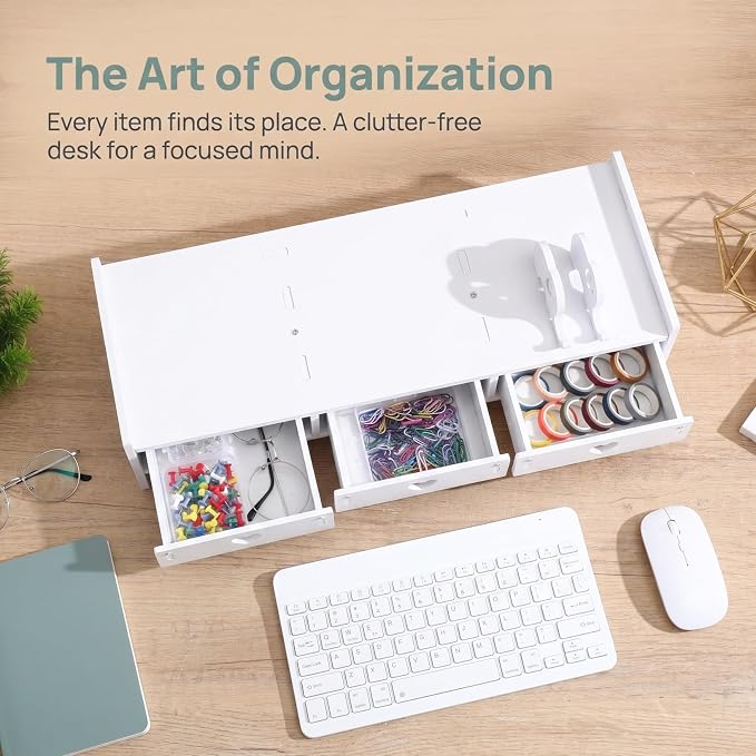 Computer Monitor Riser with Drawer Keyboard Storage Rack for Desk Organization Desk Shelf Organizer for Laptop 19.29 X 7.48 X 3.93 in White Wood-Composite