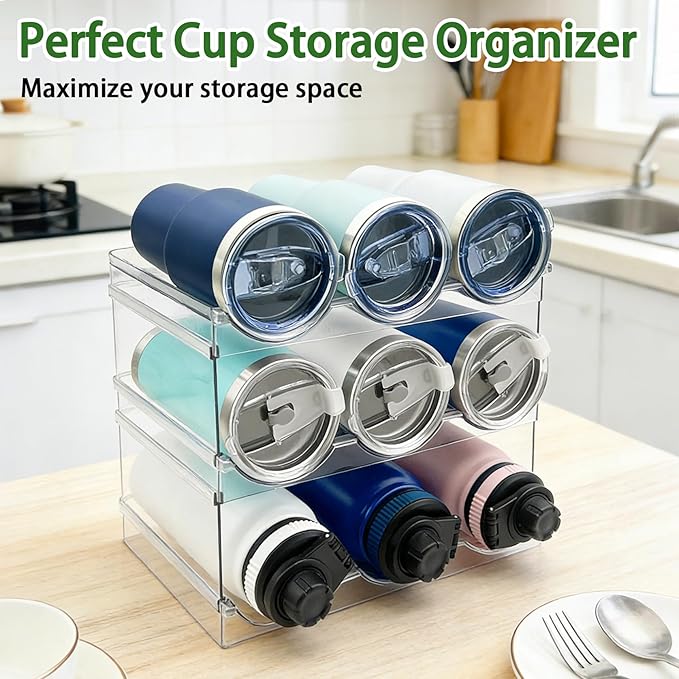 Spaclear 3 Pack Water Bottle Organizer, Stackable Kitchen Home Organization and Storage Rack, Plastic Cup Storage Organizer for Kitchen Cabinet Cupboard Organizer and Storage Cup Rack for Counter