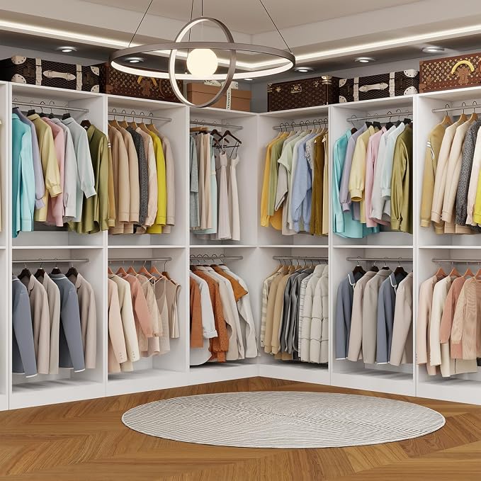 Closet System, 2FT Wood Closet Organizer System Small Walk-in Closet Freestanding Corner Closets Shelf Storage with 3 Hanging Rods, Modular Closet Systems White (2FT)