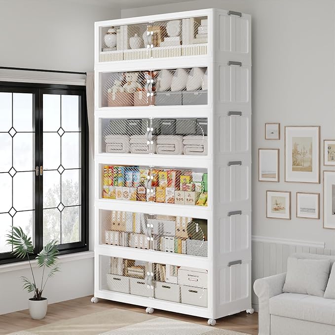 240Gal/960QT 6-Tiers Extra Large Stackable Storage Bins with Lid, Collapsible Cabinet Closet Organizer Plastic Container Box with Wheels Doors Drawers for Living Room Kitchen Office, White