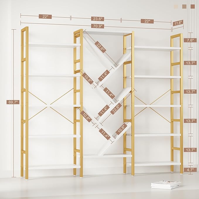 INNOD 70x70” Triple 5 Tier Book Shelf, Large Wooden Bookcase with 17 Open Display Shelf, Modern Tree Bookshelf Metal Frame Tall Book Case Furniture for Living Room Bedroom Home Office White & Gold