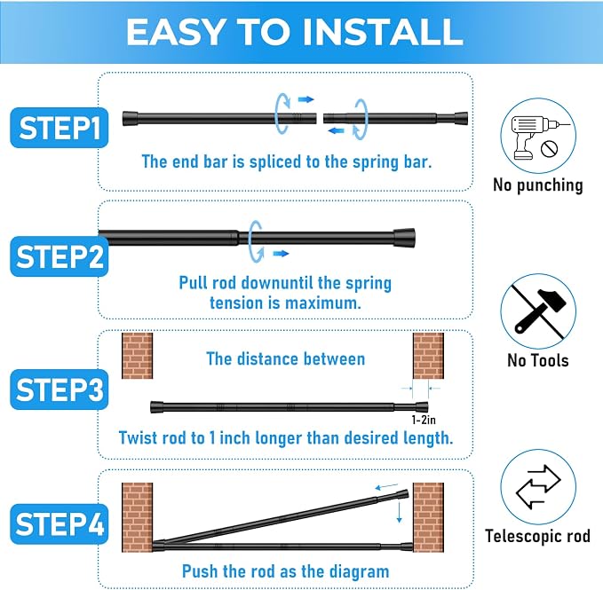 2 Pack Spring Loaded Tension Rod 48-59" Adjustable Curtain Rods No Drill Extendable Spring Rod Tension Curtain Rods For Window Kitchen Shelves Rv Refrigerator And Small Spaces,Black