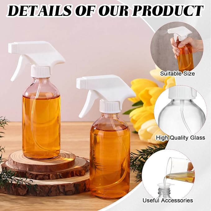 Norme 24 Pcs Glass Spray Bottles with Funnels and Labels 8 oz Refillable Cosmetic Empty Spray Containers with Trigger Squirt Containers for Essential Oil Cleaning Solutions (Transparent)
