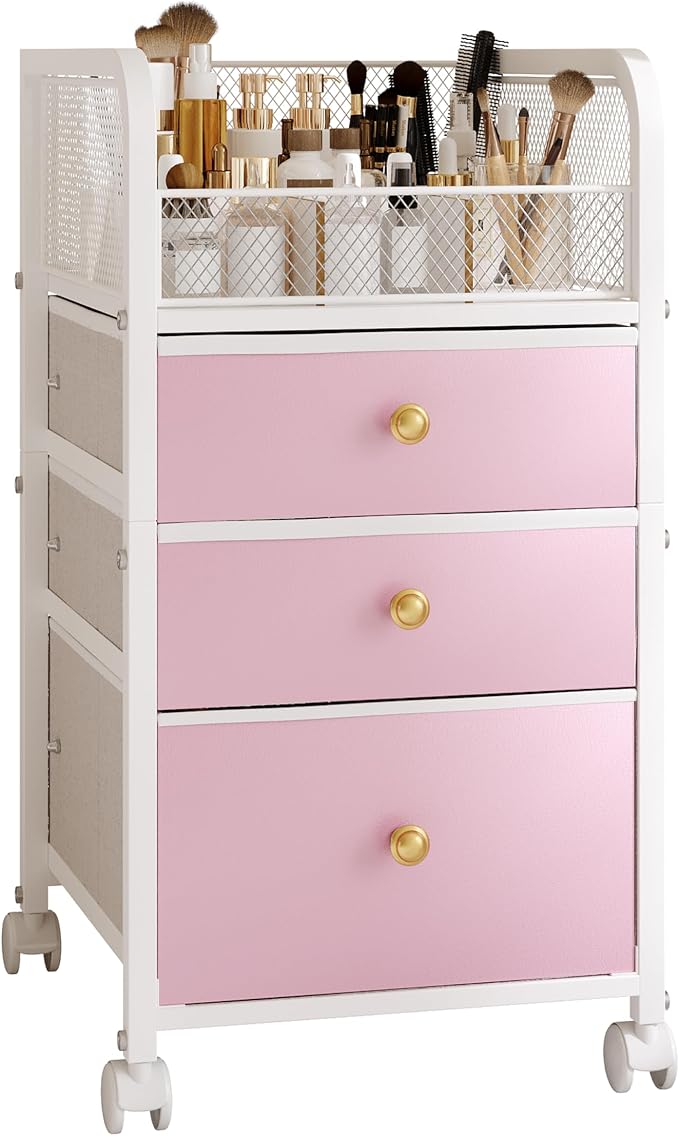 Rolling Makeup Vanity Cart, Makeup Organizer with Drawers, Rolling Makeup Bathroom Storage Cart, Cosmetic Vanity Display Cases Holder for Nail Polish Brush Hair Tool (Pink)