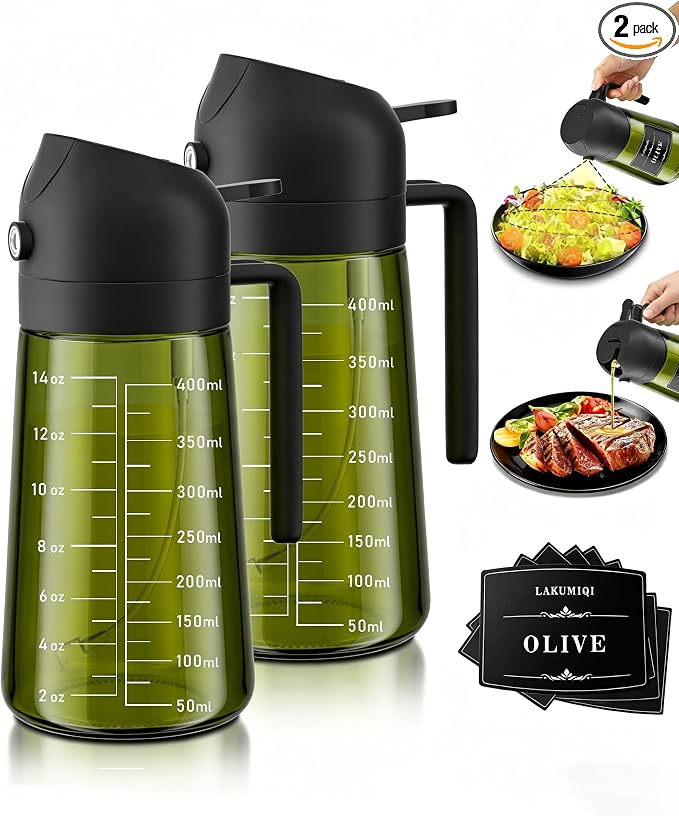 Oliver Oil Sprayer & Dispenser for Cooking Bottle 16oz Dark Glass Fine Mist | 2-in-1 Lightproof Borosilicate Glass Oil Bottle, Wide Mouth for Easy Refill Clean