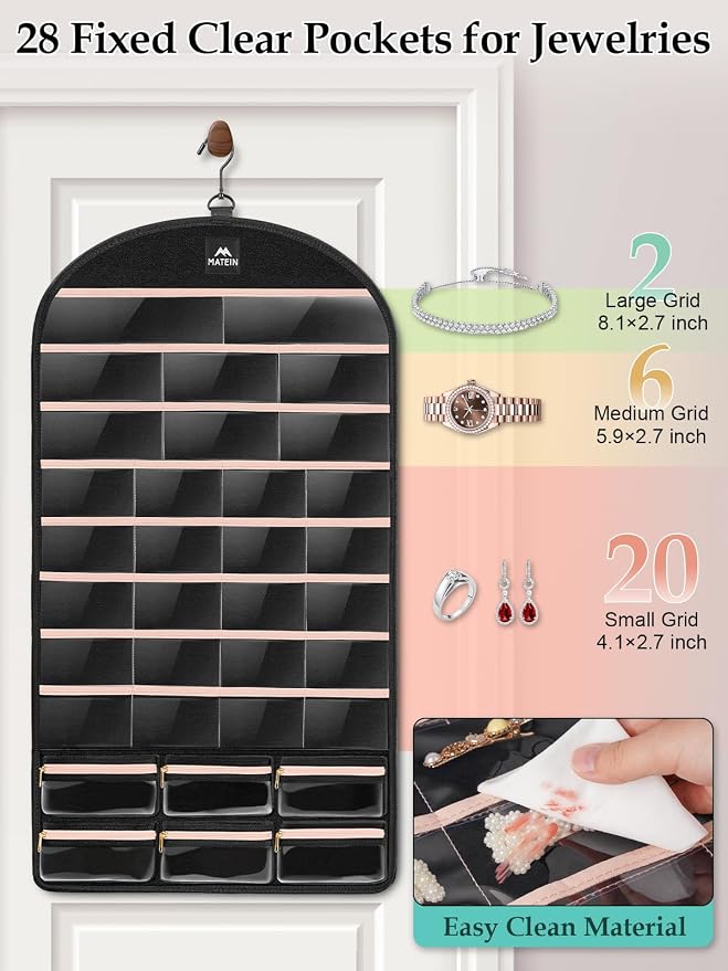 MATEIN Hanging Jewelry Organizer with Removable Zipper Jewelry Pouches | Tangle-Free Necklace Hanger, Metal Hook for Closet, Dual-Sided Design, Earring Storage, Bracelet Ring Holder, Over the Door