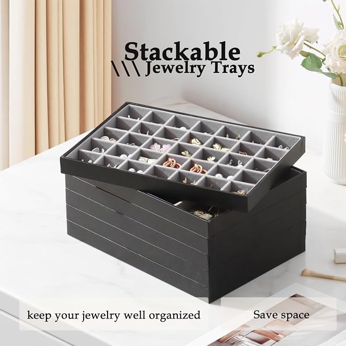 Large Jewelry Organizer Tray 2 Pack, Stackable Jewelry Storage Holder for Drawer Inserts, PU Leather Velvet Jewellery Display Case for Earring Bracelet Necklace Ring (Black Gray, 35 Grids)