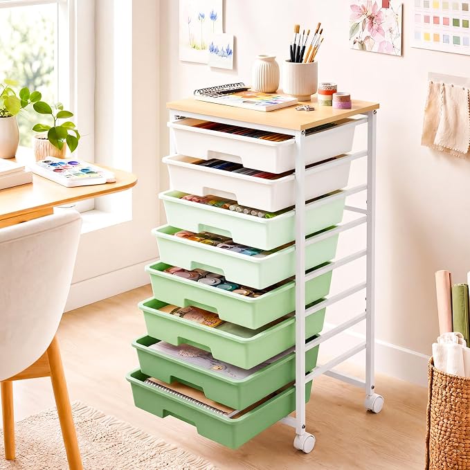 LEHOM Rolling Storage Cart with 8 Drawers, Utility Cart on Wheels with Metal Frame and Wooden Tabletop for Living Room Bedroom Dorm, Office Storage & Art Supply Craft Organizer for Classroom, Green