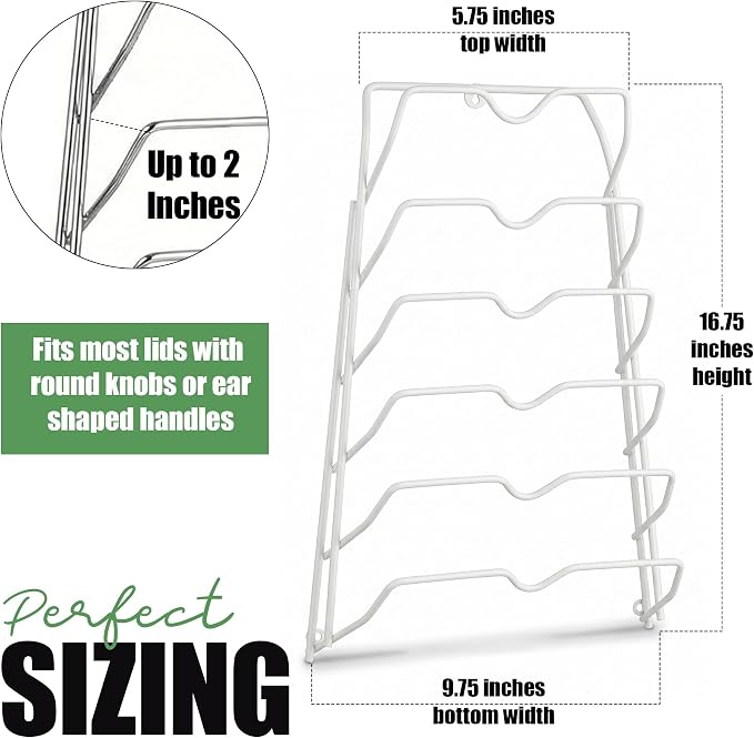 Evelots 6-Tier Pot Lid Organizer for Cabinet Door or Pantry Wall, Set of 2, 6-Slot Pot & Pan Lid Holder Racks, Cabinet & Wall Mounted Kitchen Storage for Glass & Metal Lids, White