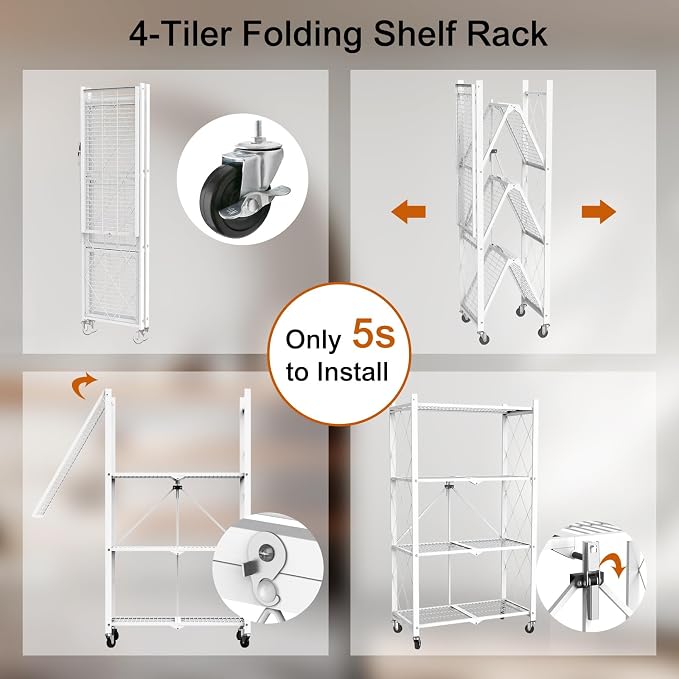 4 Tier Foldable Storage Shelves with Wheels -No Assembly Metal Folding Shelves Collapsible Shelving Unit Display Heavy Duty Rolling Shelf for Home Kitchen Office Room (White, 50" x 13" x 27")