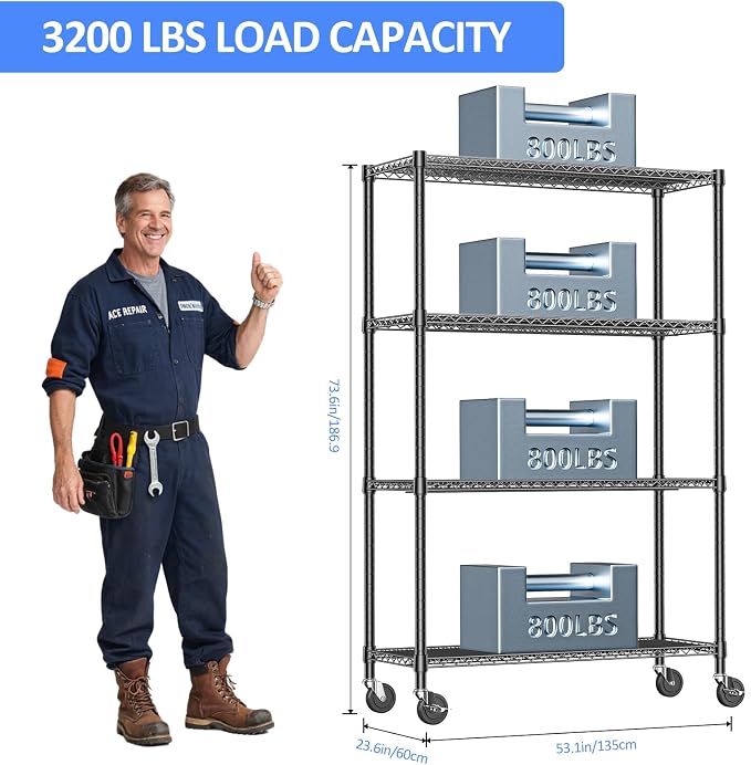Wire Shelving Unit with Wheel, 53 inch Wide shelving for Pantry and Garage | 1200 LBS Adjustable Heavy Duty Shelves, 4 Tiers Rolling Metal Storage Rack for Basement, 23.6" D x 53.1" W x 73.6" H