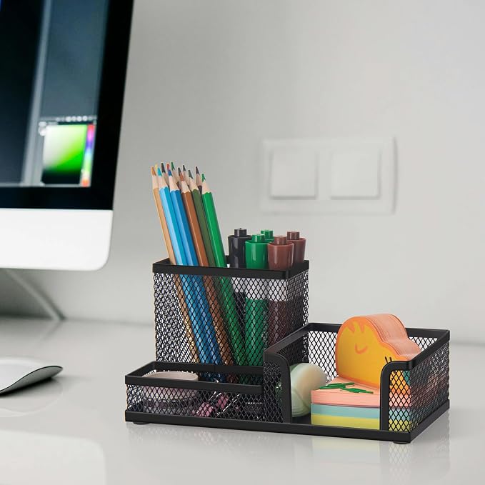 Comix Mesh Pen Pencil Holder Desk Organizer, 3 Compartment Wire Desktop Pen Pencil Cup Caddy Office Supplies Sticky Notes Holder for Home Office School, Black