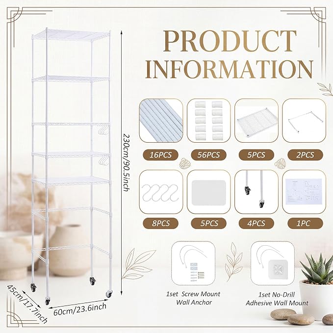 5tier over Fridge Shelf for Dorm with Wheels 90.5 Tall Fridge Shelf White | Adjustable Height Storage Shelf Metal Rack Hooks PP Shelf Liners Anti Tip Kits for Dorm Kitchen Laundry College Pantry