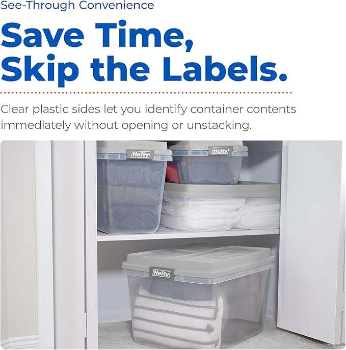 Hefty 18 Qt Hi-Rise Storage Bin with Lid, Stackable Plastic Storage Container, Organizer for Home, Garage & Closet, 8 Pack, Gray