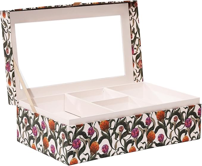 Decorative Storage Box with Mirror Lid, Vintage Botanical Floral, Beige Interior Compartments, Home Decor, Table Decor, Shelf Organizer, Travelling Box