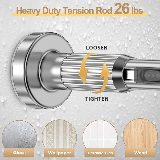 Silver Tension Curtain Rod 41-126In(4-10Ft), Long Outdoor Curtain Rod No Drilling for Window or Patio, Heavy Duty Shower Rod for Bathroom,Rod Diameter 1.26In-One-bond stretching