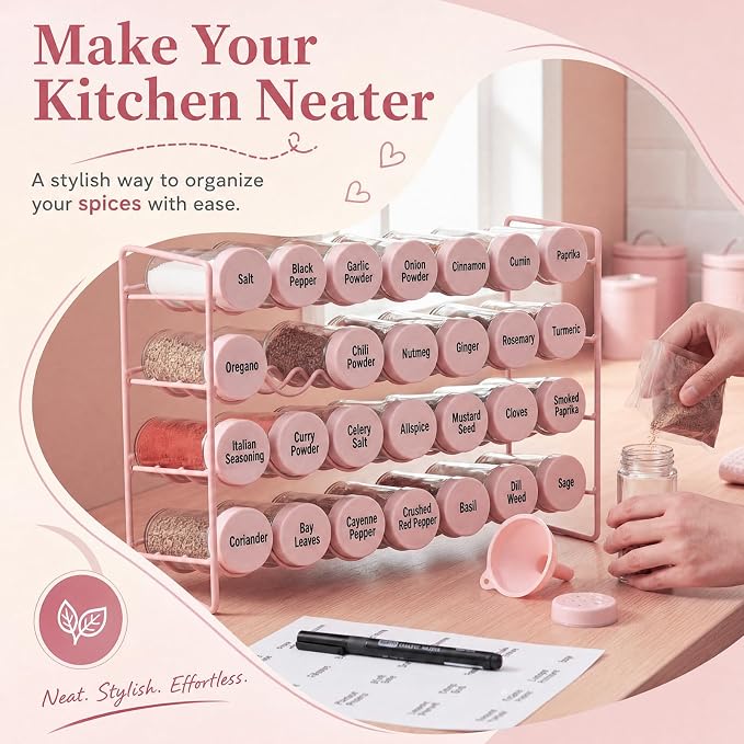 FoldTier Spice Rack Organizer with 28 Spice Glass Jars, 56 Labels, Funnel and Marker Set, Complete Countertop Seasoning Rack Organization for Cabinet, Kitchen Storage, Pantry, Cupboard (Pink)