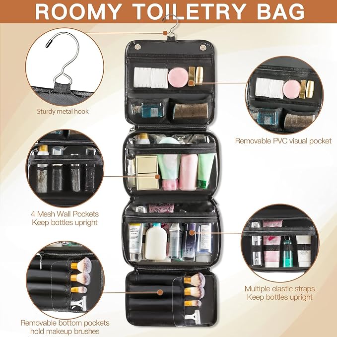 Elviros Hanging Toiletry Bag Removable Travel Bag PU leather Makeup Cosmetic Organizer Kit, Black | Removable Travel Organizer Bag for Cosmetics, Toiletries, Makeup Tools, and Daily Essentials with Easy Carry Design