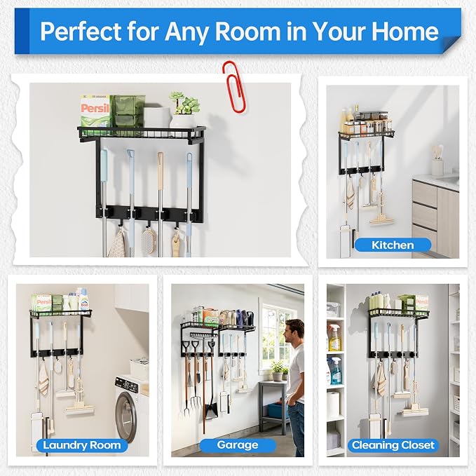 Broom Holder Wall Mount with Cleaning Supplies Organizer, Laundry Room Organization and Storage Shelves with Mop Hanger Rack Gripper Hooks, Home Improvement Kitchen Shelf Garage Organizer