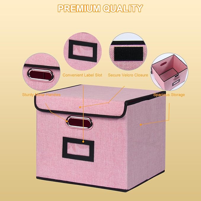 Large Square Storage Bin with Lid, Foldable Organizer Box with Handles & Label Design, for Office, Closet, Home, Documents, Pink, 12.20 x 10.63 x 10.63 Inches, 2 Pack