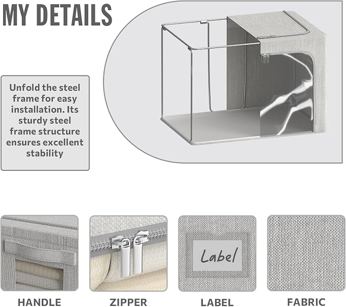 4 Pack Clothes Storage Bins with Metal Frame - 22L Stackable Storage Box with Lid，Foldable Storage Container Organizer for Clothes，Linen Fabric Storage Box with Clear Window＆Zippers＆Handles
