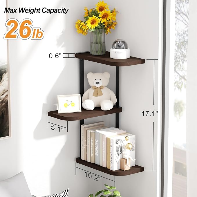 Love-KANKEI Corner Wall Shelf 3 Tier,Solid Wood with Bracket,17"Tall,Walnut | Floating Wall Shelves,Easy to Install,Capacity 26 Lbs,For Bedroom Living Room Bathroom Kitchen Office Display,Wall Decor