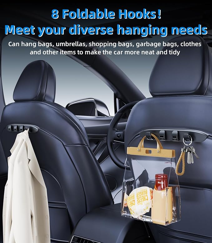 2 Pack Car Seat Hooks for Tesla Model Y(Juniper) Model 3(Highland) Accessories 2026 2025 2024 2023 2022 2021, Foldable Car Seat Headrest Hooks for Purses Bags Hang Grocery Seat Back Organizer