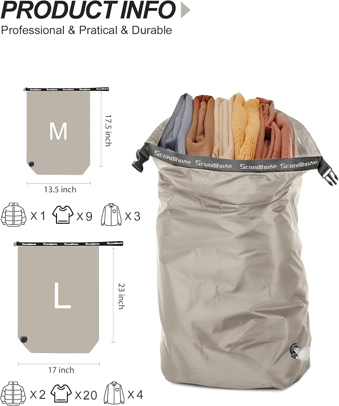 Compression Travel Laundry Bag for Dirty Clothes, Pump-Free Laundry Bag for Suitcase & Dorm, Waterproof Wet Dry Clothes Organizer, Large Capacity Space Saving Travel Bag (1 Pcs)(Gray, L)