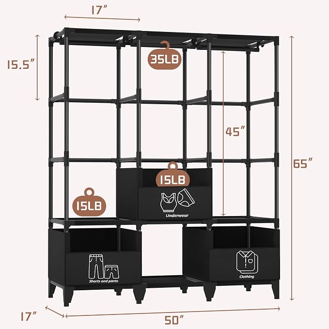 LOKEME Portable Closet,Sturdy Stable Large Capacity Wardrobe Closet,Clothes Rack with Shelves,3 Folding Areas,3 Storage Areas,3 Hanging Areas,Suitable for Bedrooms and Dormitory,50in Black