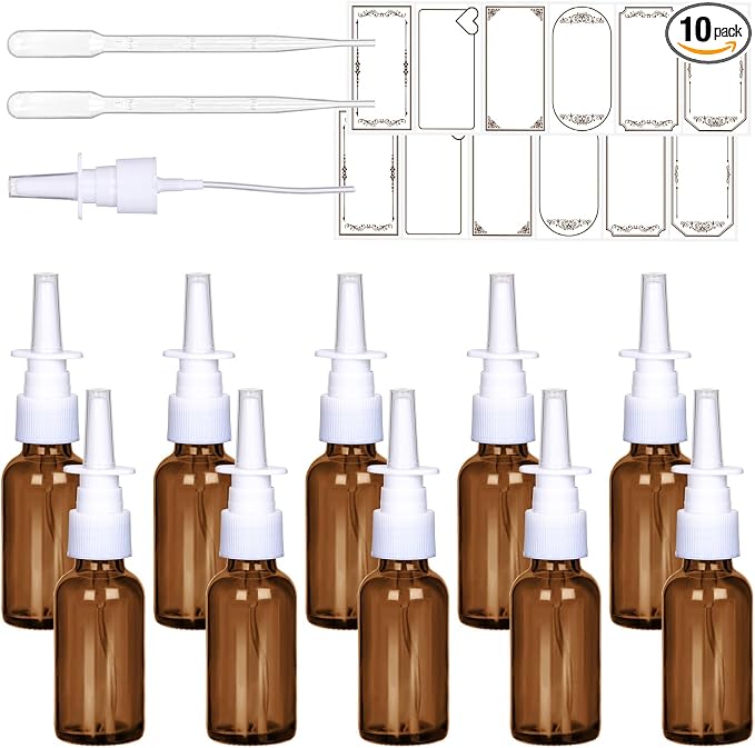 1 oz Empty Amber Glass Nasal Spray Bottles 10 Pack Leakproof & Durable | UV Protection Fine Mist Atomizers – for Saline, Essential Oils, Sinus Relief, Allergy Care, Travel, Includes Dropper & Labels
