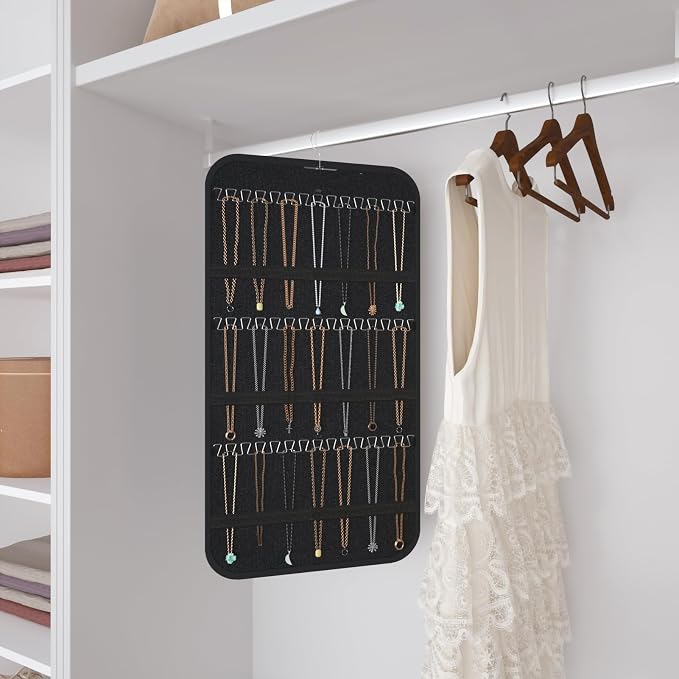 Double-Sided Hanging Jewelry Organizer for Necklaces Earrings, 1-Pack Black | Foldable 36 hooks & 40 clear pockets; swivel hook fits walls, doors & rods for earrings, bracelets, rings & small jewelry