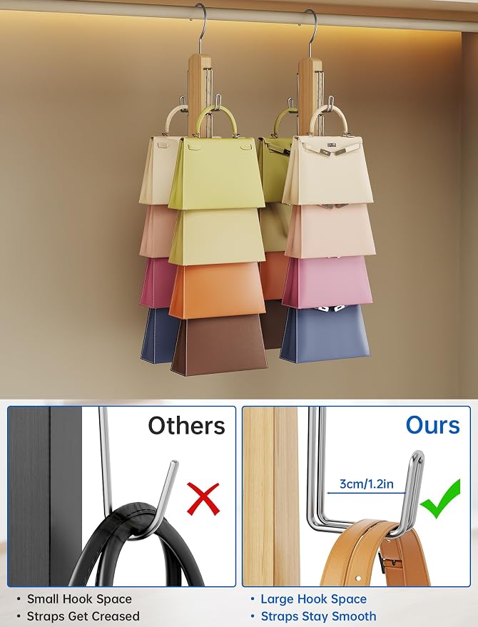 NiHome Wooden Purse Organizer for Closet, 8 Extra-Wide Metal Hooks Handbag Hanger, Space-Saving Hanging Bag Holder & Purse Rack for Closet Organization (Natural, 2 Pack)