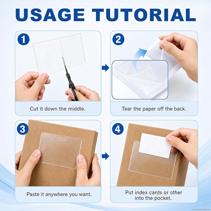 100 Pack Clear Self Adhesive Business Card Pockets, 2.5 x 3.7 inch | Clear top opening adhesive card holders for business cards, storage bin labels, shelf tags, and shop organization