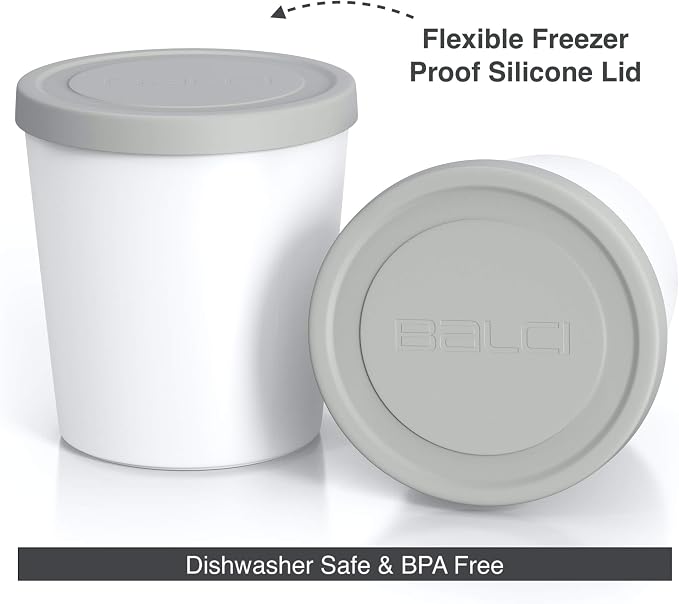 BALCI - Premium Ice Cream Containers (2 Pack - 1 Quart Each) Perfect Freezer Storage Tubs with Lids for Ice Cream, Sorbet and Gelato! - Grey