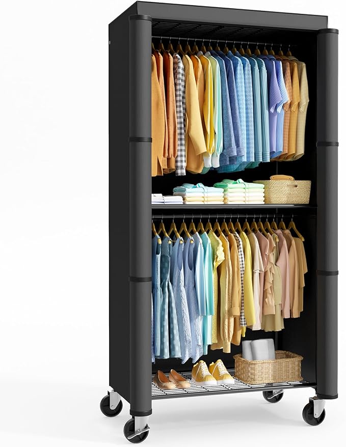 Sakugi Clothes Rack with Cover, Wardrobe Closet, 35.4"x17.7"x79.7", Iron | Bedroom, Dorm, Apartment, Open Front, Heavy Duty, Lockable Wheels, Rust-Resistant, Black