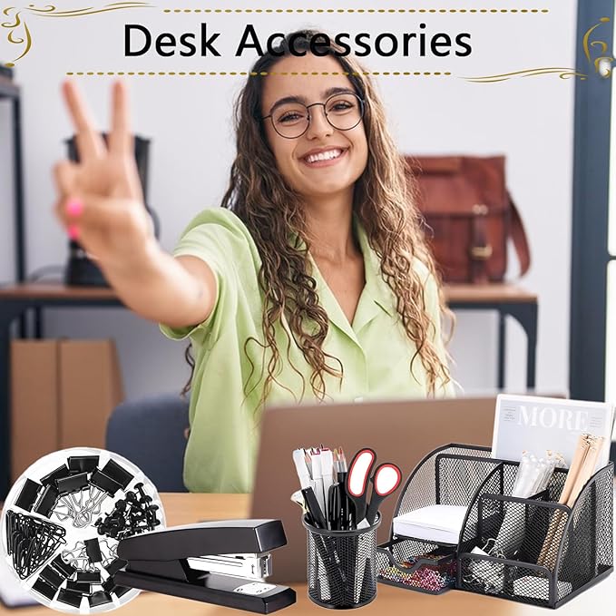 Office Supplies,Desk Accessories,Stapler and Tape Dispenser Set,1000 Staples,Staple Remover,Pen Holder,Folding Phone Holder,Journal Notebook,Ballpoint Pen,Scissor,Ruler,Clear Tape,Sticky Notes,Ect