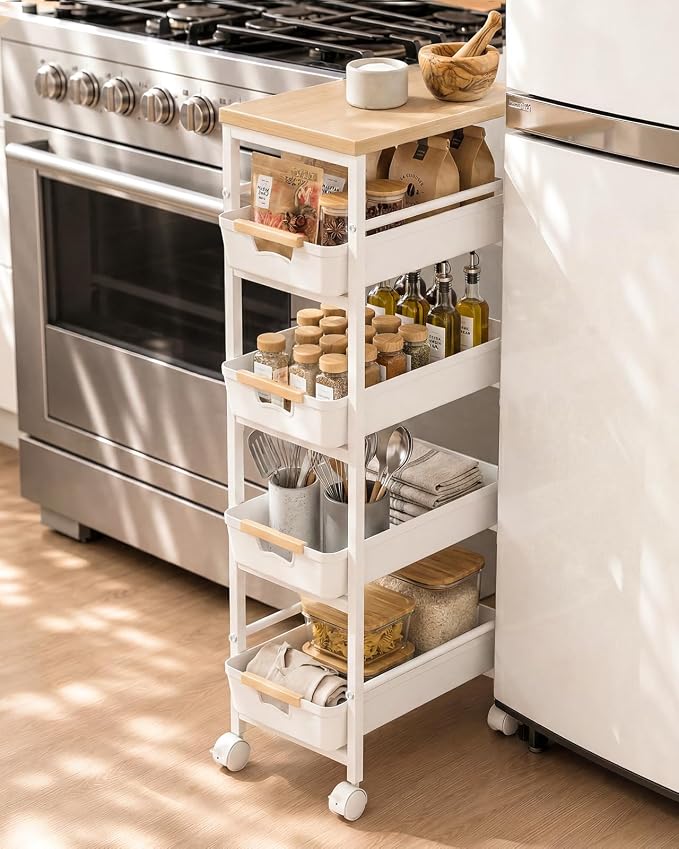Pipishell Slim Rolling Storage Cart with Drawers & Lockable Wheels, 5 Tier Kitchen Cart with Safety Stops & Vented Design, Wood Top, Pull-Out Utility Cart for Kitchen, Bathroom, Laundry Room, White