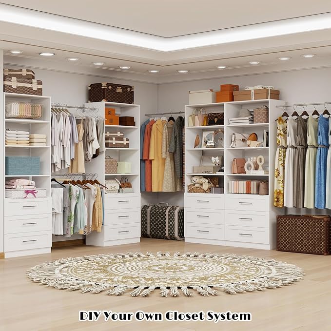 Closet Organizer System with Drawers, 6FT Wood Closet Shelving System Small Walk in Closet Standalone Corner Closets Storage with Hanging Rods White (6FT)