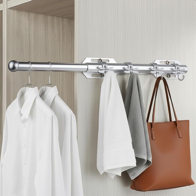 12" Valet Rod for Closet Pull Out with 4 Dragonfly-shaped Hooks, Silver