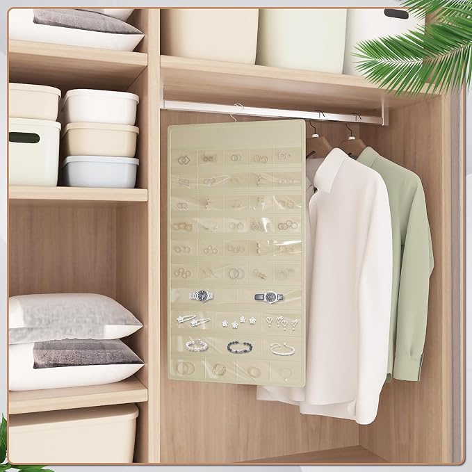 Hanging Jewelry Organizer, Double-Sided Necklaces Holder, Beige | 42 clear pockets organize rings & earrings; 36 wire necklace hooks reduce tangles; top hook hangs in closets, walls or doors.