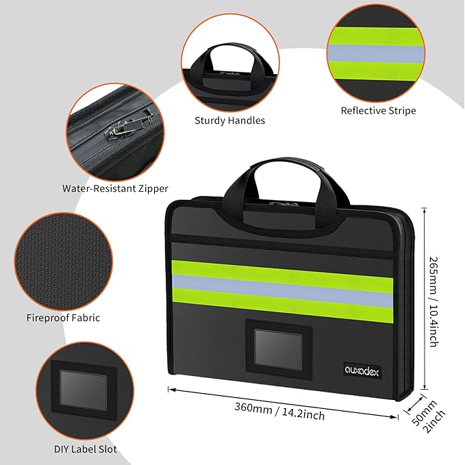 Fireproof Accordion Document Bag, Water-Resistant File Organizer, 12 Pockets 2200°F, with Reflective Strip, Fire Safe Storage for A4 Letter and Other Sizes Important Documents - Black