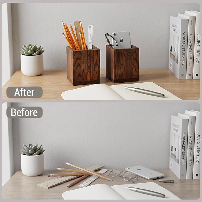MyGift Set of 2 Natural Grain Wood Desktop Pen Holder Pencil Holder Cup, Office Dorm Home Desk Supplies Organizer