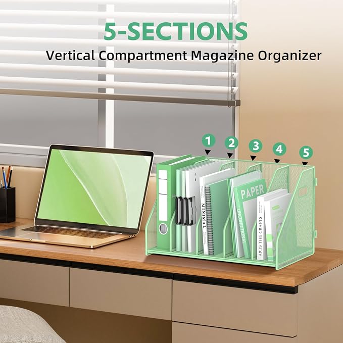 SUPEASY Binder Organizer, Magazine File Holder with 5 Vertical Compartments Rack, Metal Desk File Organizer & Binder Holders, Magazine Organizers for Office Desktop, Home, School (Green)
