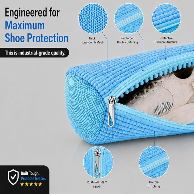 EPSCY Shoe Washing Machine Bags - Reusable Sneaker Laundry Shoe Bag with 360° Deep Clean Mesh - Self Locking Zipper, Noise Reduction Washing Bag Fits All Shoes Sizes and Types - Blue, Pack of 2
