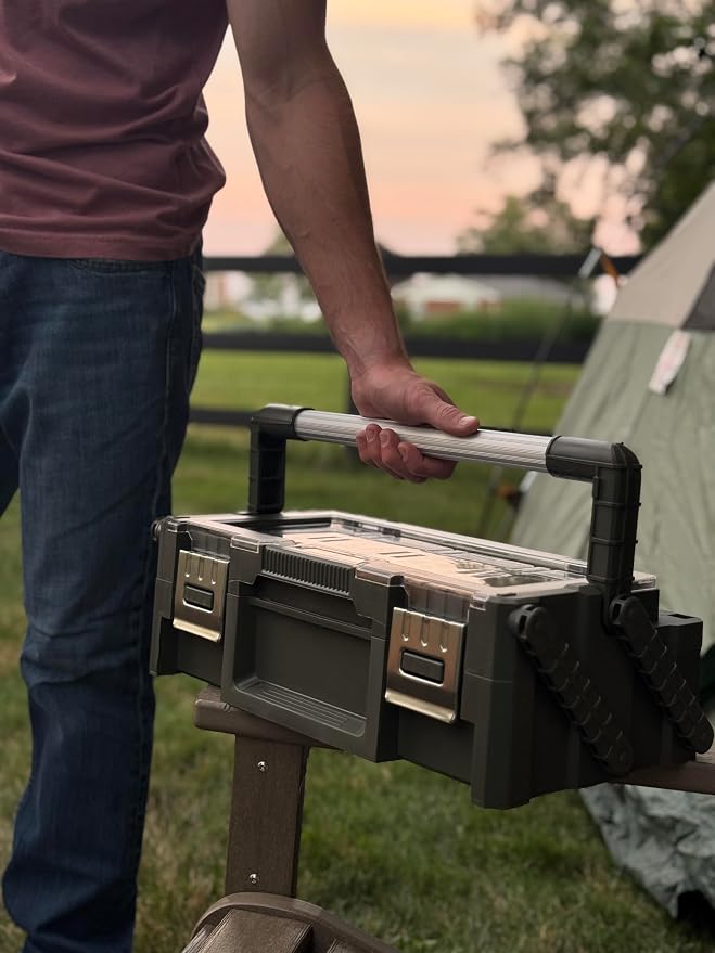 18" Cantilever Tool Box Organizer, Olive Green Heavy-Duty Tool Storage Box with 18 Removable Compartments, Metal Latches, Metal Carry Handle, Clear Lid & Two-Layer Full-Access Design