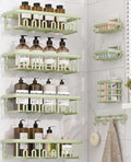 8 Pack Adhesive Rustproof Shower Caddy with Soap Dishes, Toothbrush Holder & Hooks, Large Capacity No-Drilling Shower Shelves Rack for Bathroom Organizers and Storage Accessories, Green