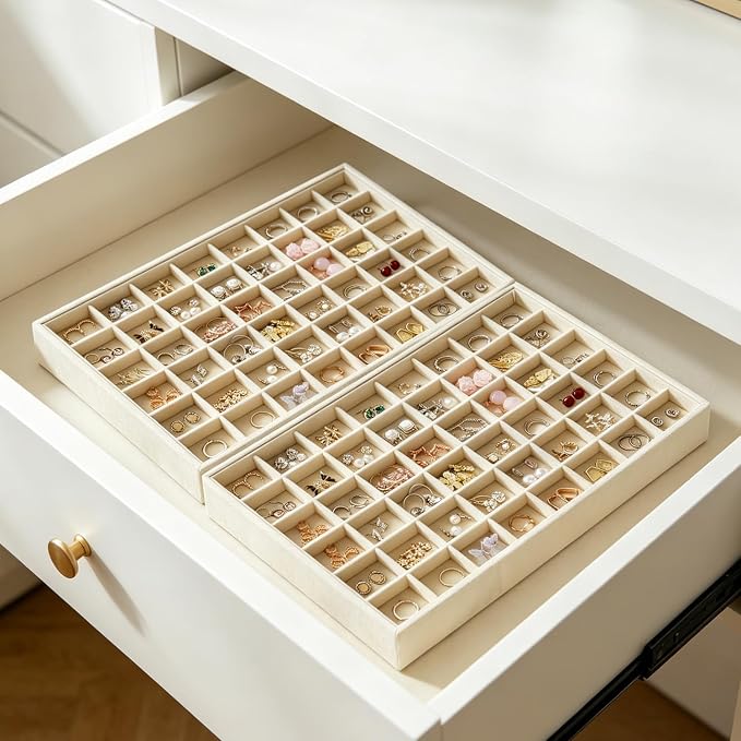 Large Stackable Jewelry Tray 4 Pack Velvet Jewelry Display Drawer Inserts Trays Organizer for Earring Bracelet Necklace Ring (Beige, 48 Grids)